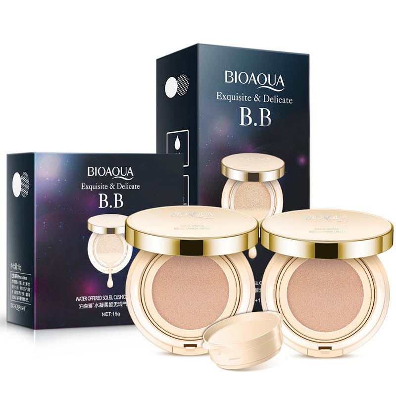 Bioaqua air cushion BB cream compact with applicator puff, a moisturizing foundation and concealer in three shades