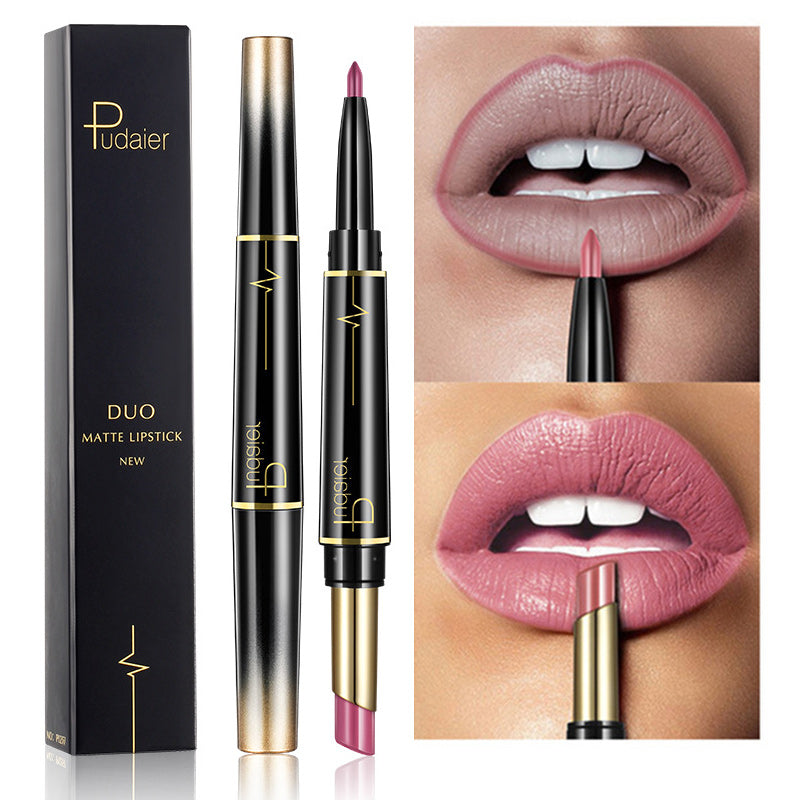 Double-ended lipstick and lip liner combined in a single tube