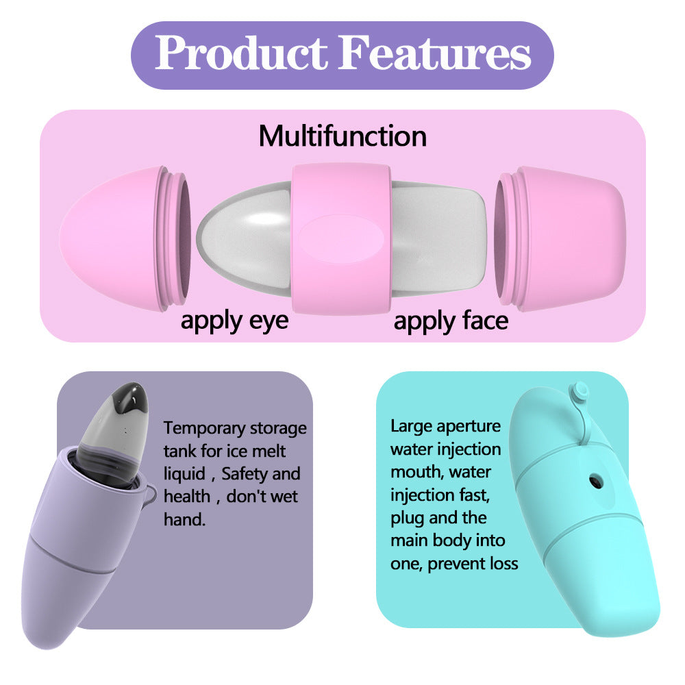 Ice capsule mould features: a narrow end for the eye area and a broad end for the face, an internal tank that holds meltwater so hands stay dry, and a wide opening for fast filling