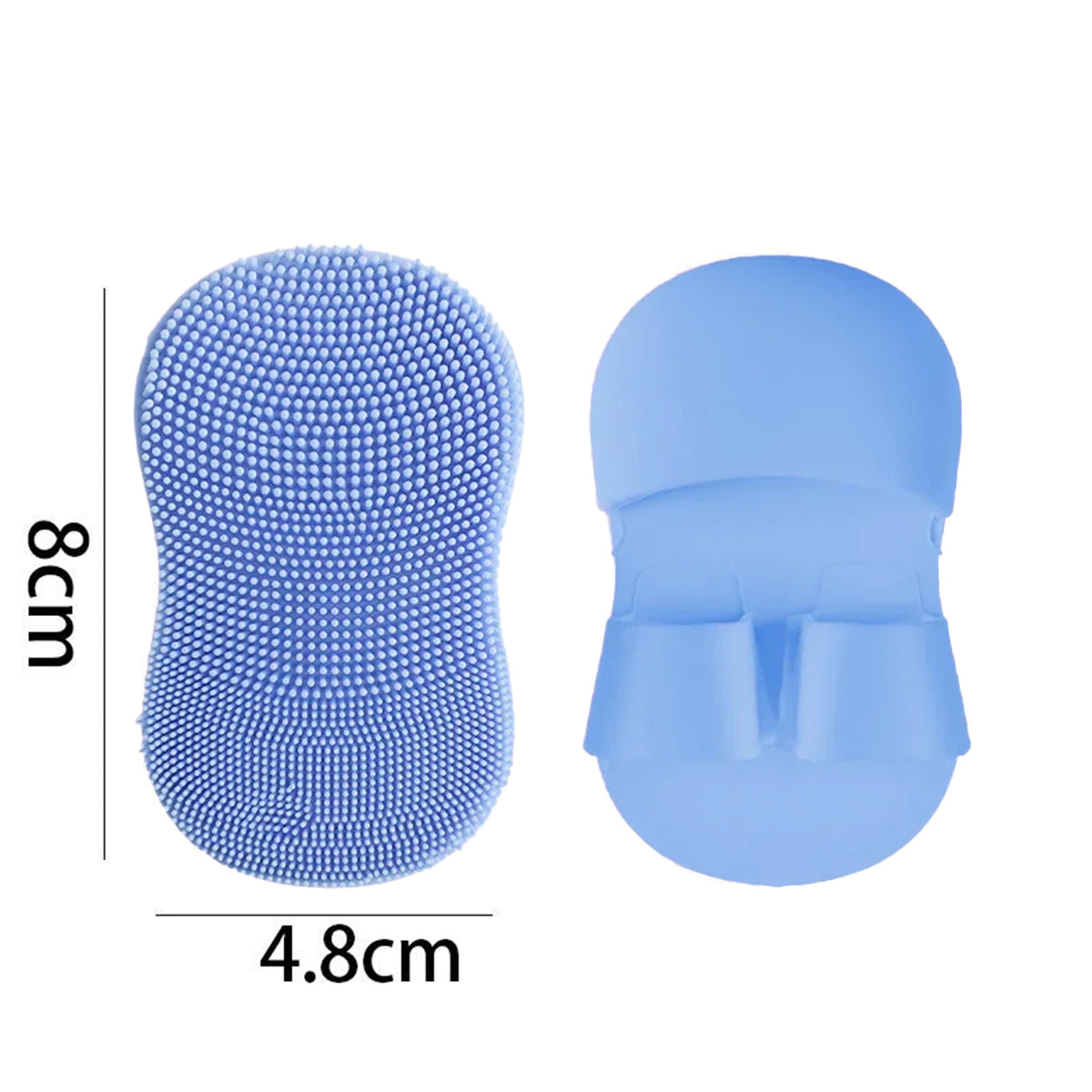 Blue silicone exfoliating finger scrubber, 8 by 4.8 cm, with a two-finger opening that grips without being held