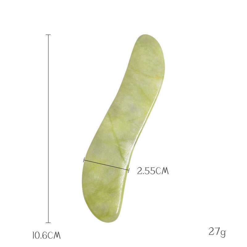 S-curve jade gua sha stone, 10.6 cm long and 2.55 cm wide, shaped for the neck and shoulders