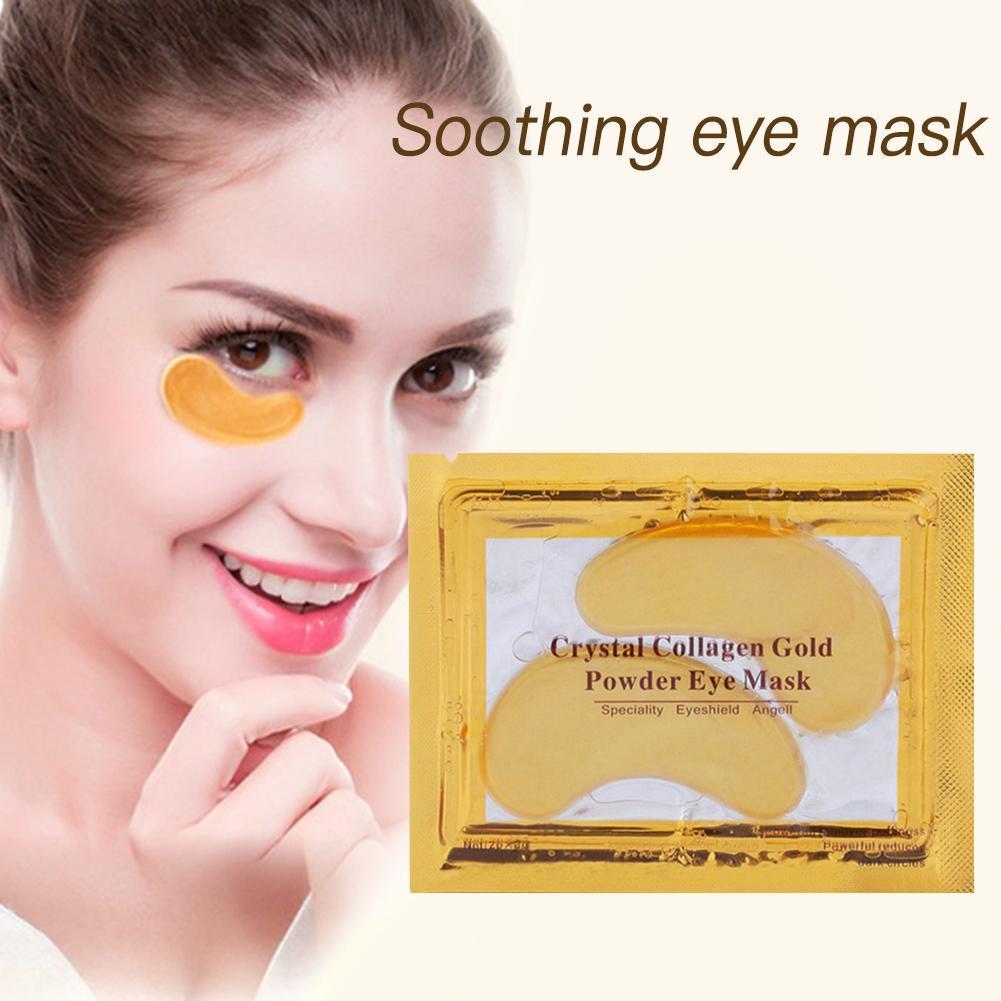 Gold hydrogel under-eye patch worn beneath the eye, shown next to its sealed sachet