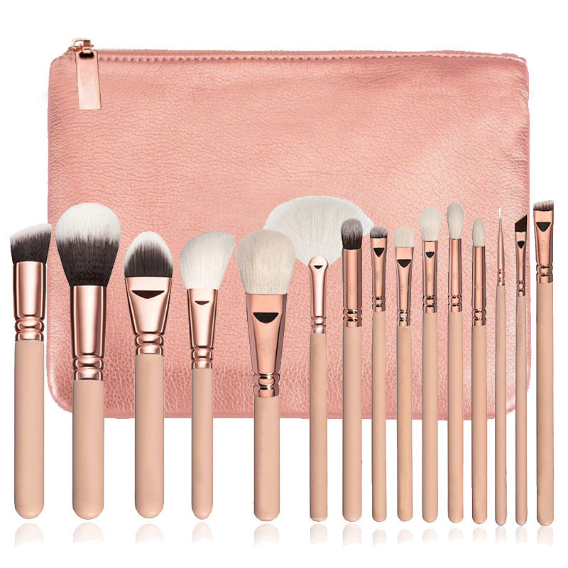 15-piece rose gold makeup brush set with a storage bag