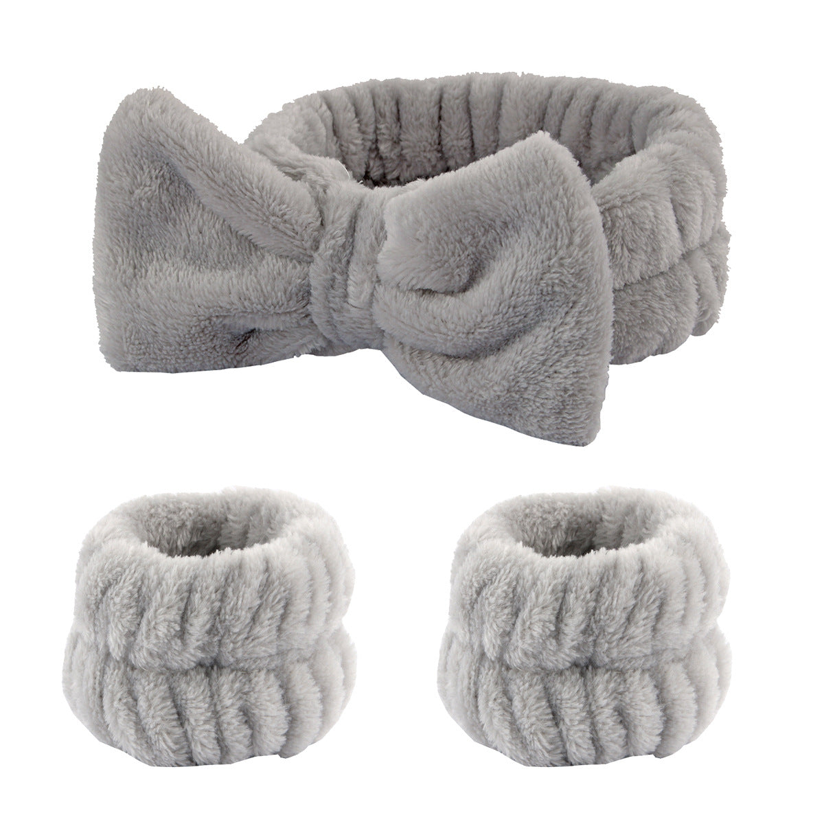 Grey 3-piece spa set: a bow headband and two matching microfiber wrist wash bands