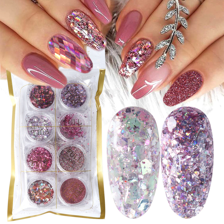 Set of eight boxes of mixed glitter nail art powder and flakes