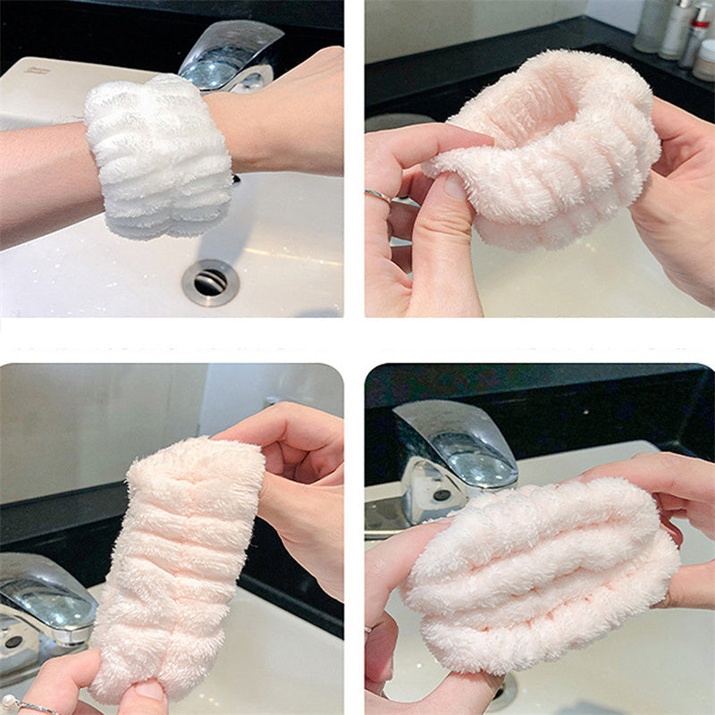 Microfiber wrist wash bands shown worn on the wrist at the sink and stretched between the hands to show the knit