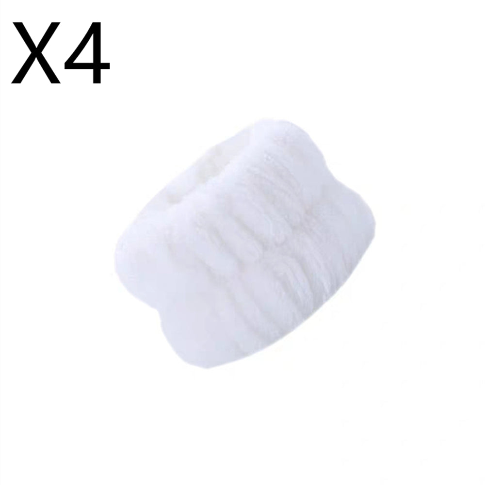 Four-pack of white microfiber wrist wash bands in absorbent coral velvet with a stretch knit