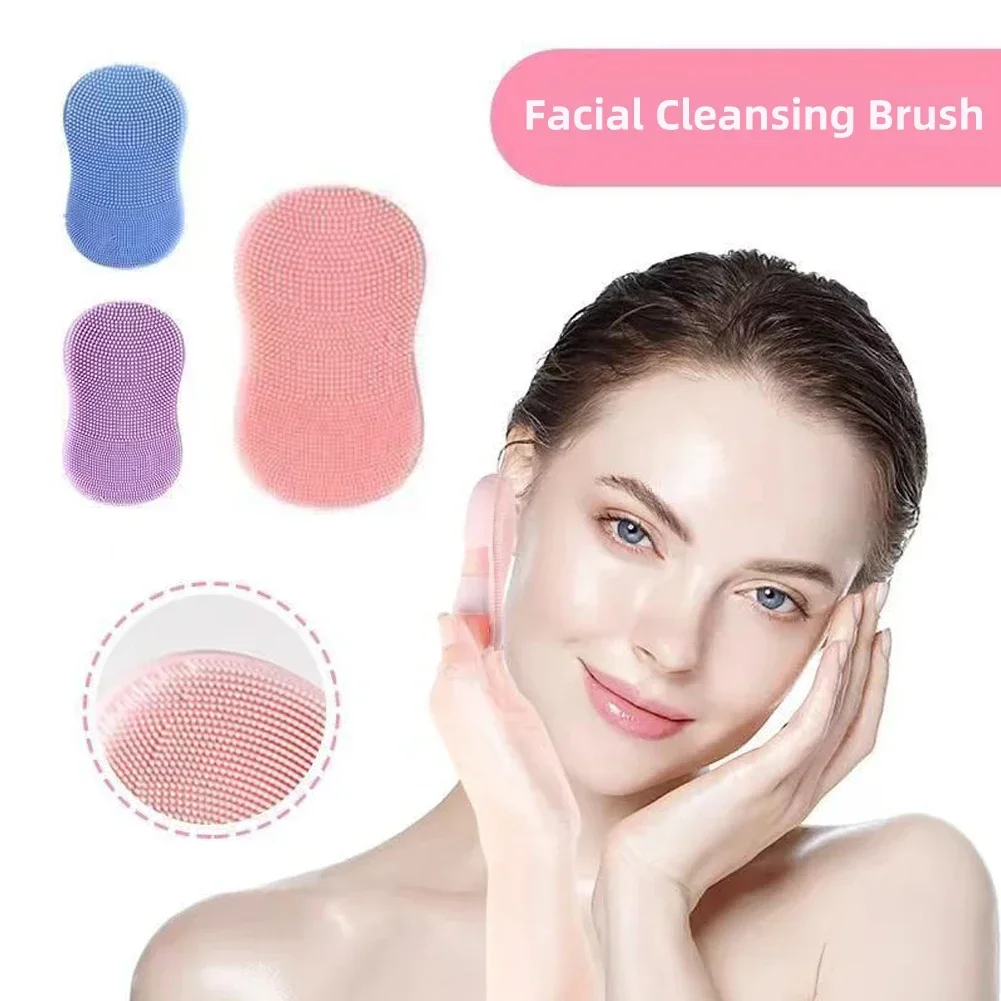Silicone facial cleansing brushes in blue, pink and purple with a close-up of the soft bristle surface