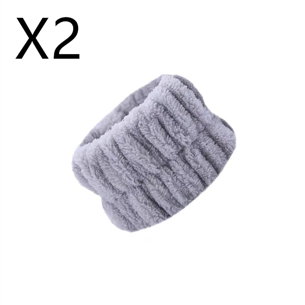 Two-pack of grey microfiber wrist wash bands for washing your face without soaking your sleeves