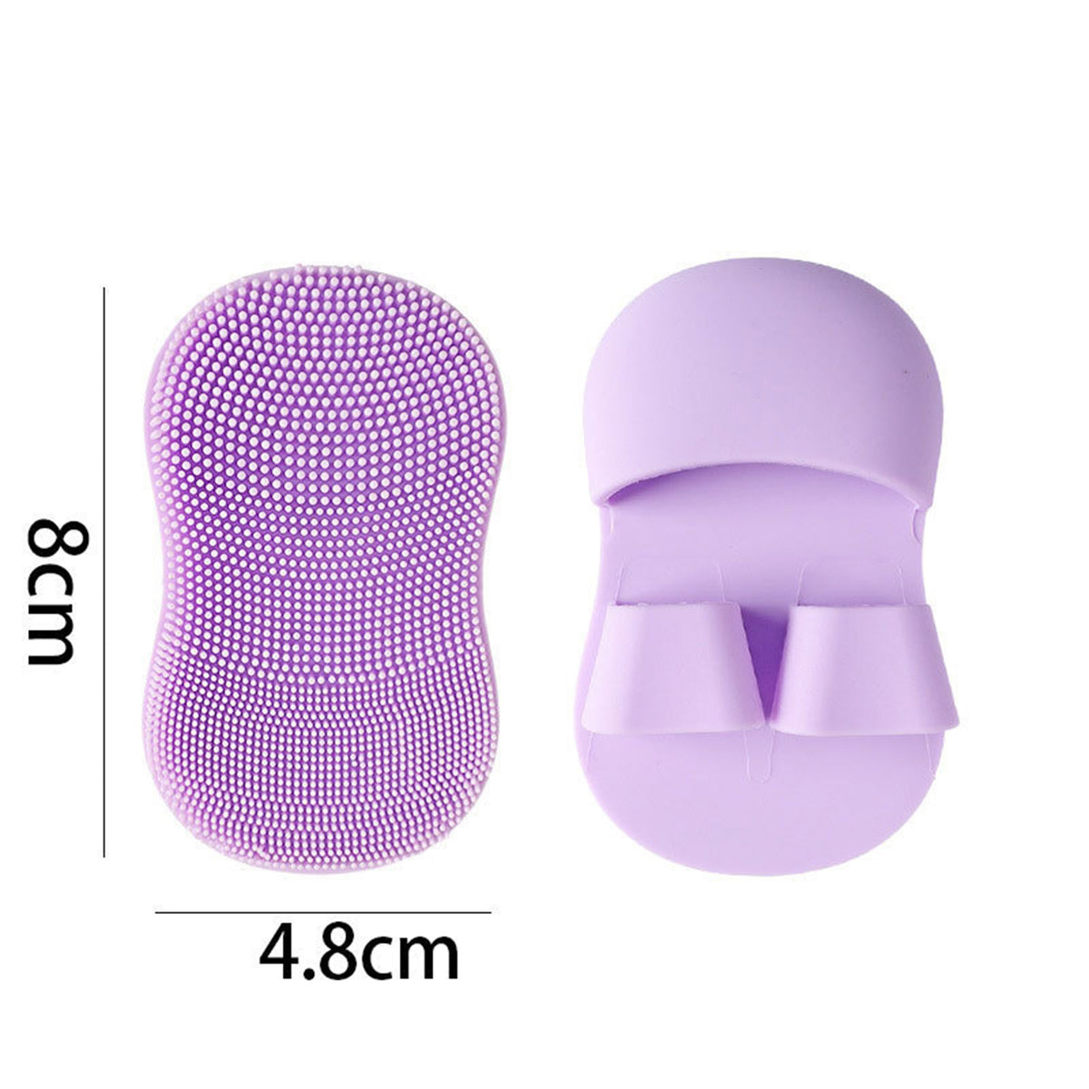 Purple silicone exfoliating finger scrubber, 8 by 4.8 cm, bristled face and two-finger strap