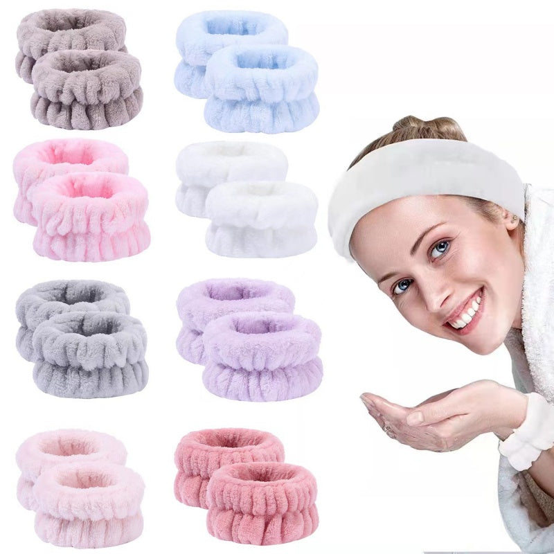Microfiber wrist wash bands in eight colours with a matching bow spa headband, worn by a model washing her face