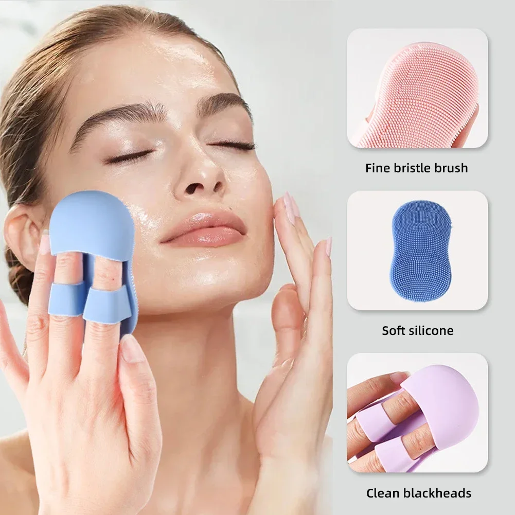 Blue silicone finger scrubber held on two fingers against a cleansed cheek, with close-ups of the fine bristle face