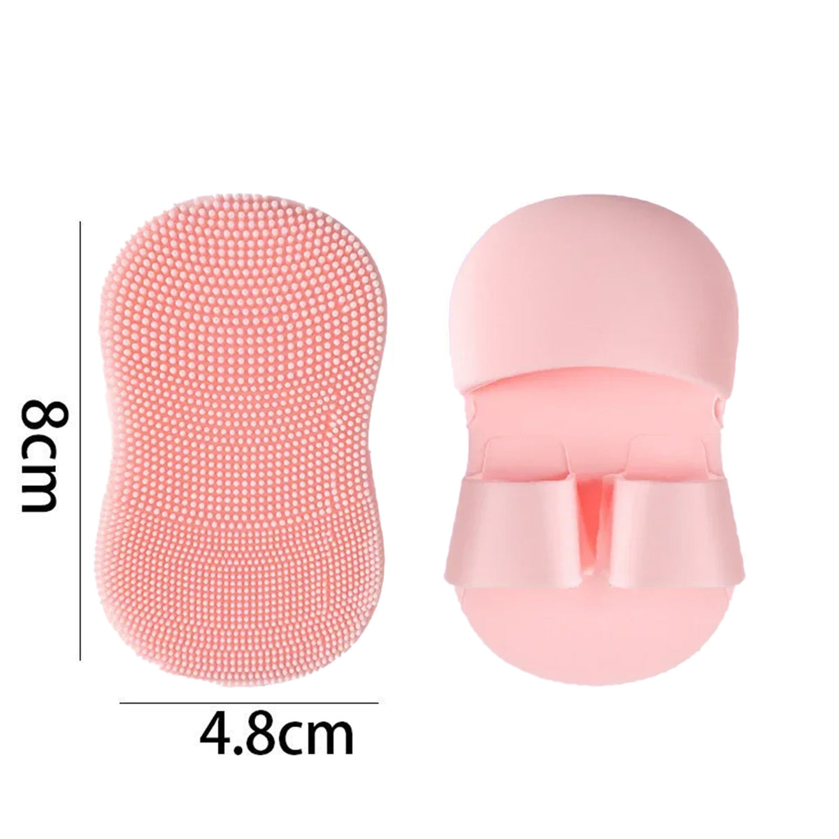 Pink silicone exfoliating finger scrubber, 8 by 4.8 cm, showing the bristled face and the two-finger strap